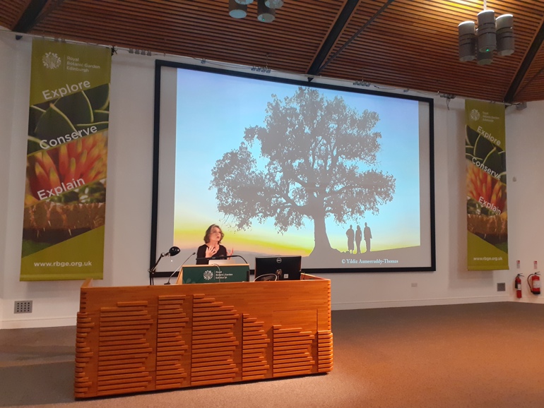 A woman stands behind a lectern with big tree projected on to a screen