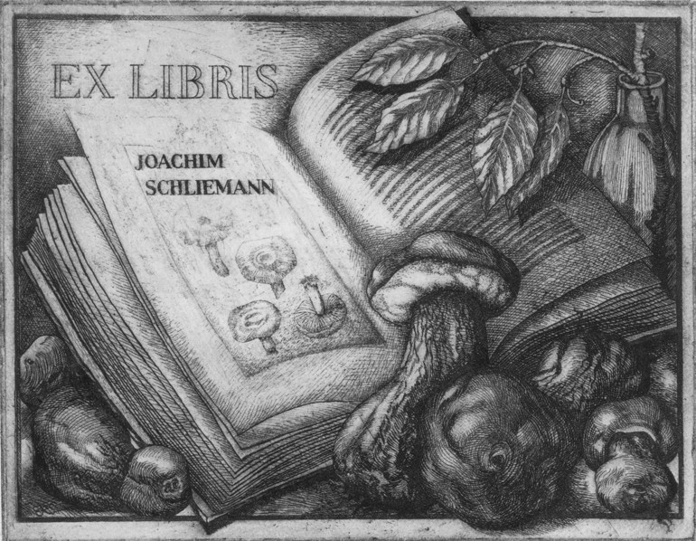 Joachim Schliemann book plate, a black and white image showing an open book surrounded by leaves and mushrooms. 
