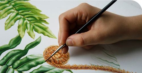 A hand holding a paintbrush and painting part of a leaf