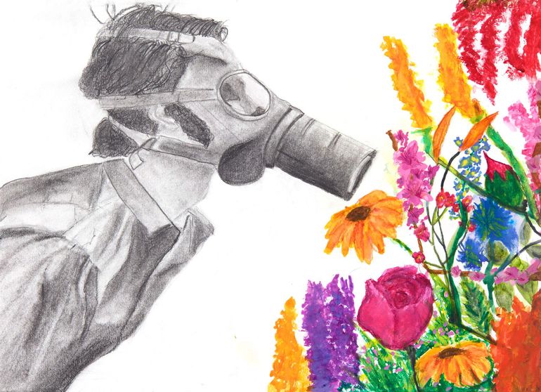 Grey pencil drawing of a person in a gas mask trying to smell brightly painted flowers