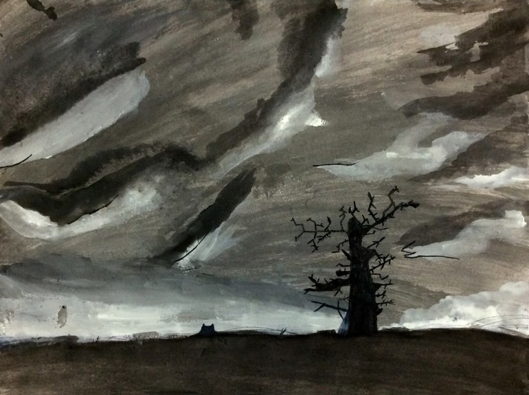 A painting of a dead tree standing against a grey sky