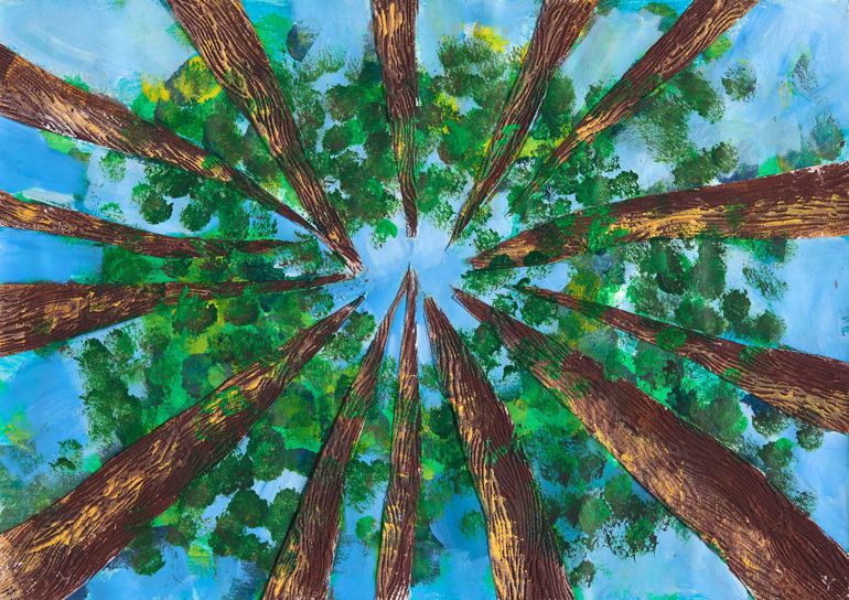 A painting looks upwards to the centre of a circle of trees, set against a bright blue sky