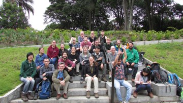 a large group of students sit together on outdoor steps