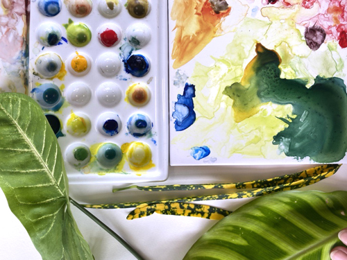 Paint palette and leaves