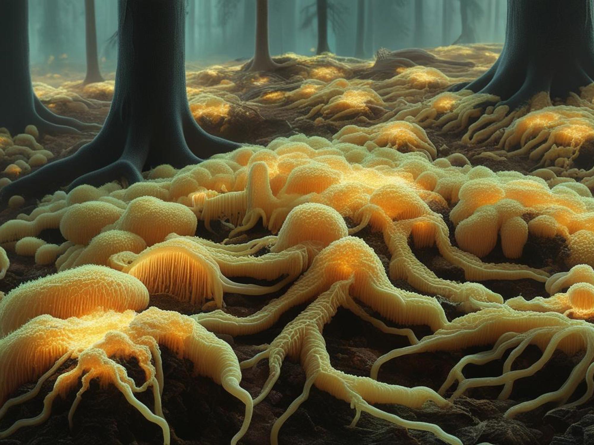 Sprawling fungi on the forest floor surrounded by trees