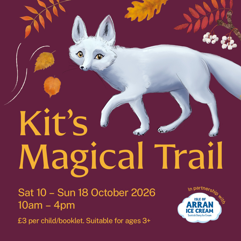 Illustration of a white fox and text 'Kit's Magical Trail, Sat 10 - Sun 18 October'