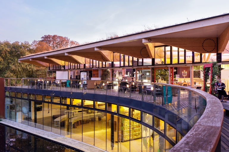 John Hope Gateway deck area captured in sunset. 