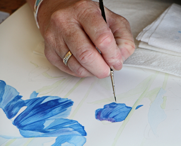 Hand painting of blue flowers