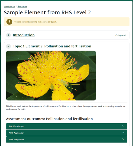 A screenshot of a sample element showing an introduction and a link to Pollination and fertilisation