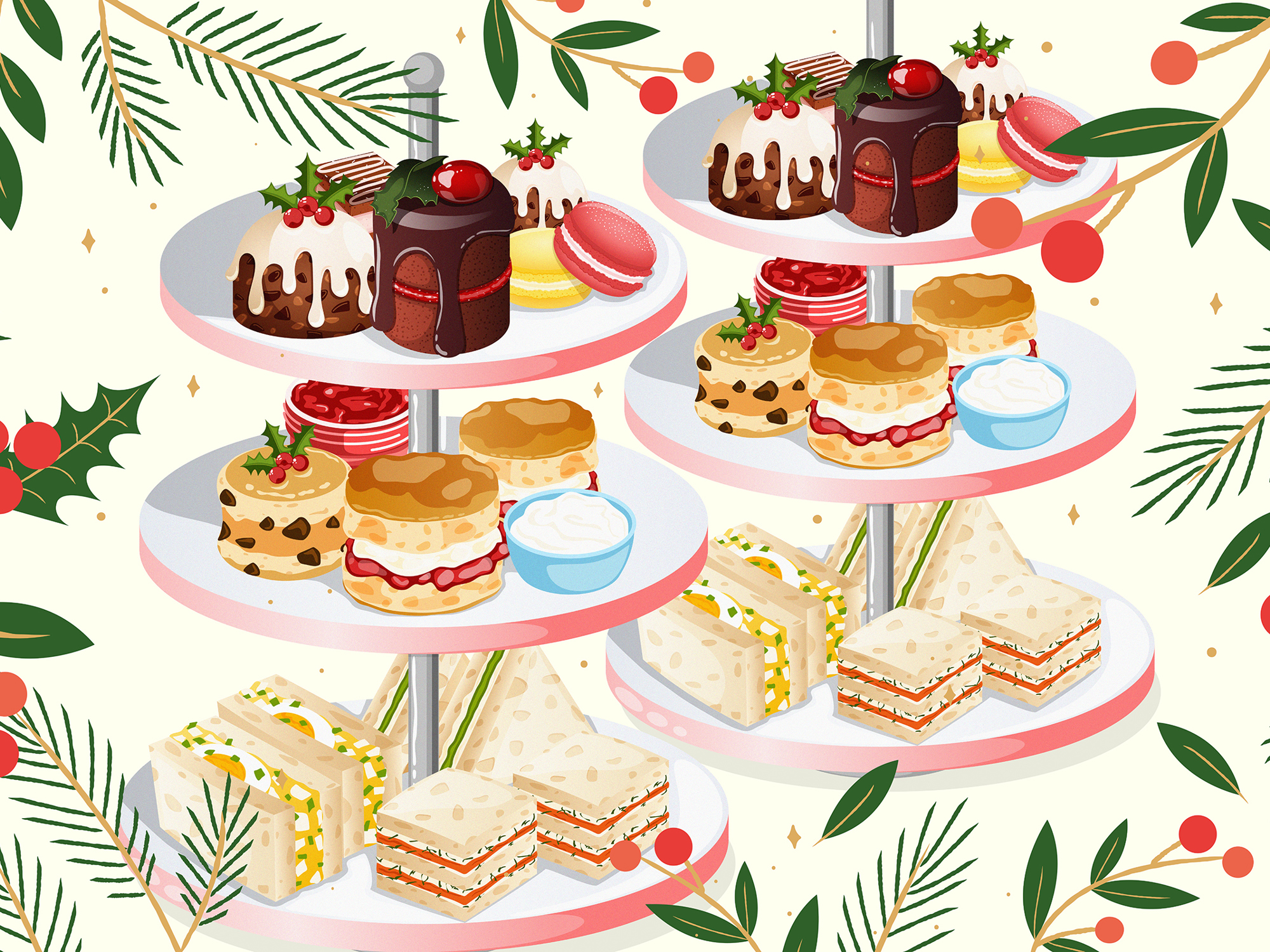 Illustrated image of an afternoon tea with christmas foliage surrounding it. 