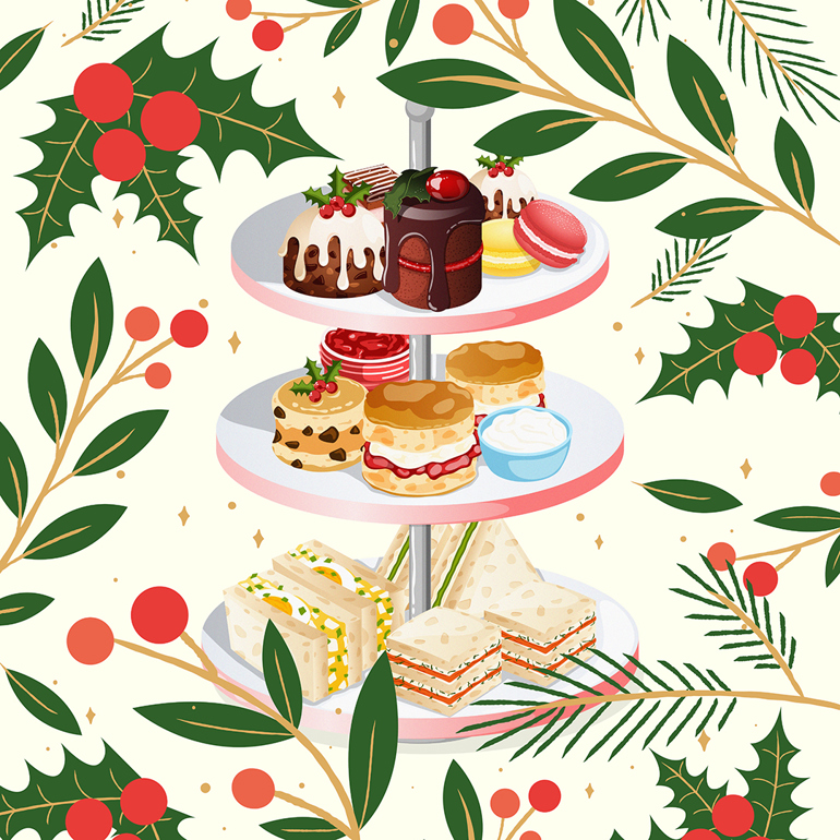 Illustrated image of an afternoon tea with christmas foliage surrounding it. 